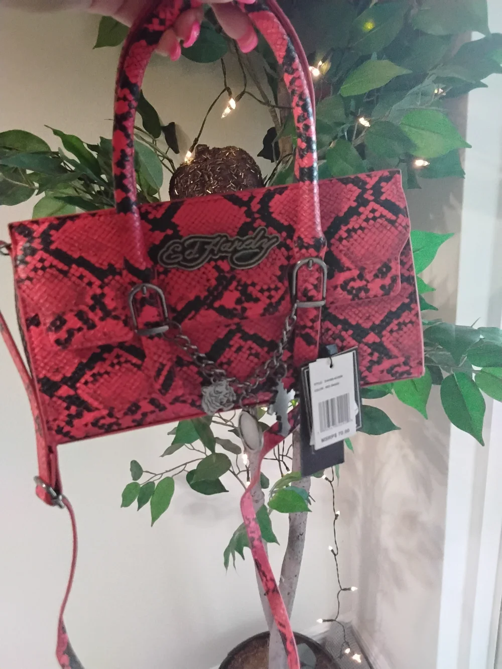 Ed Hardy Red Snake-Print Crossbody & Chaincharm